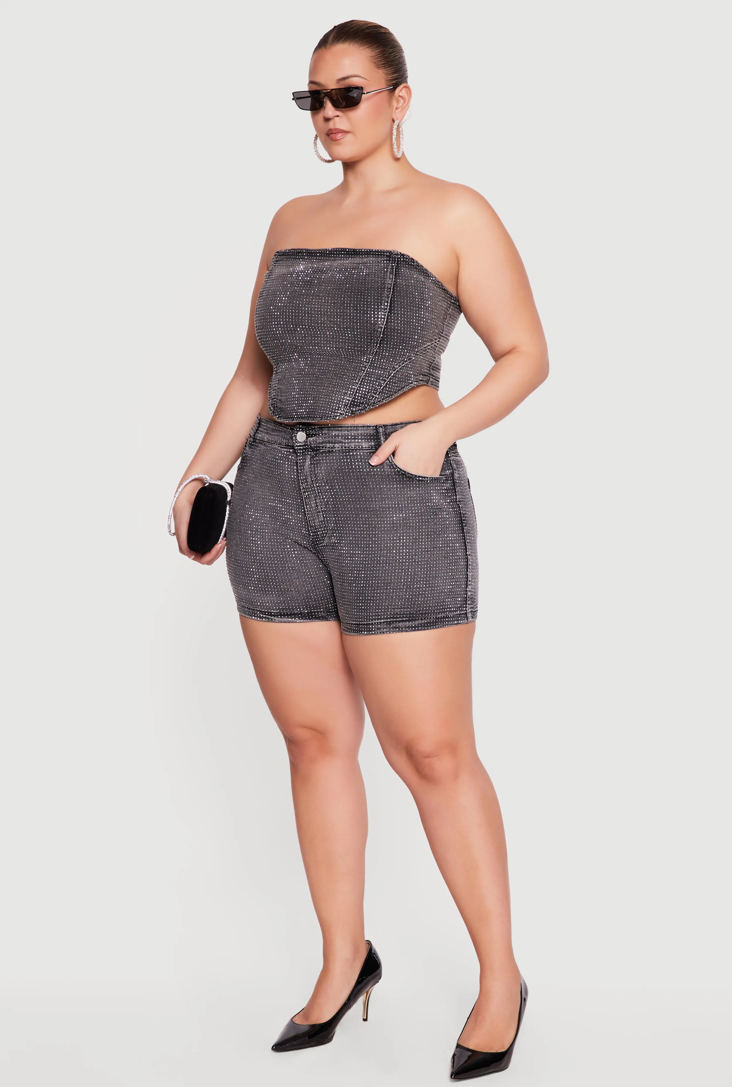 Plus Size High Waisted Rhinestone Denim Shorts sold by Rainbow product image thumbnail 2