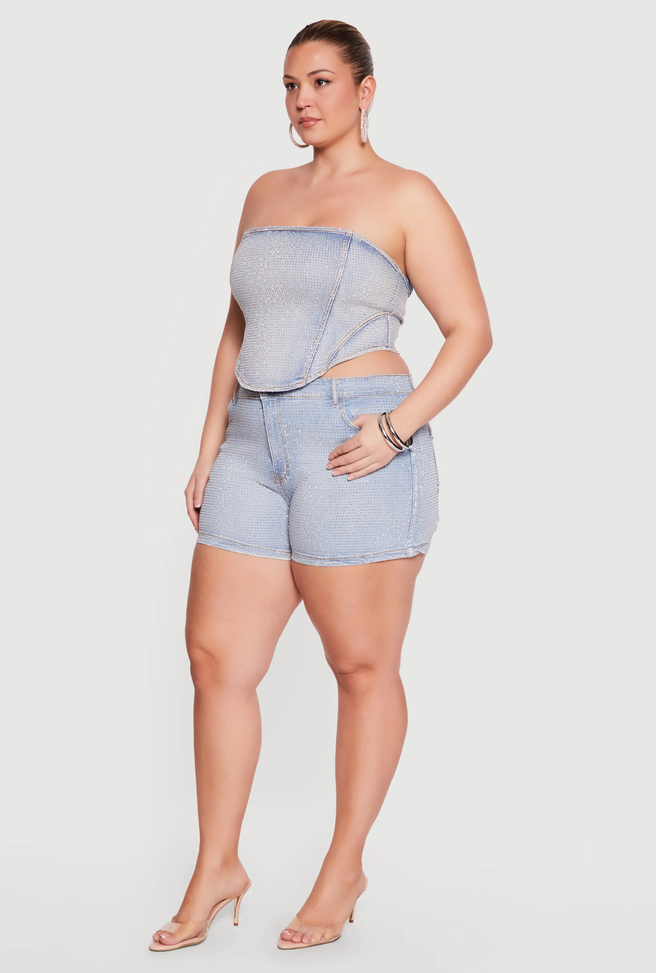 Plus Size High Waisted Rhinestone Denim Shorts sold by Rainbow product image thumbnail 2