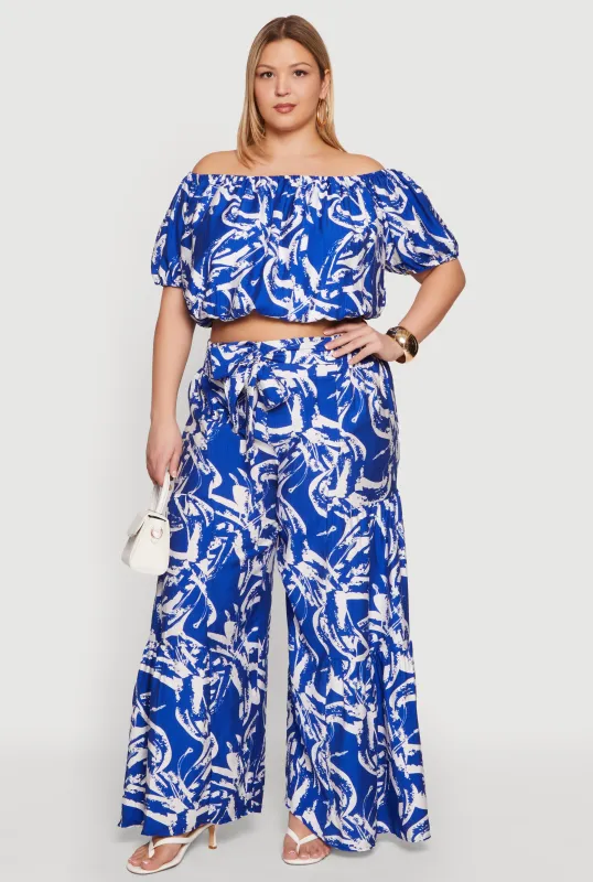 Plus Size Tie Waist Printed Palazzo Pants made by Rainbow