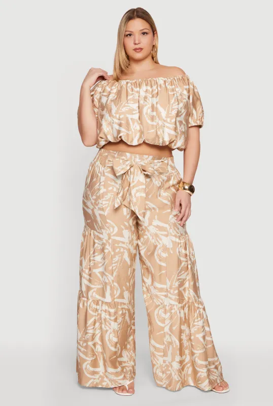 Plus Size Tie Waist Printed Palazzo Pants made by Rainbow