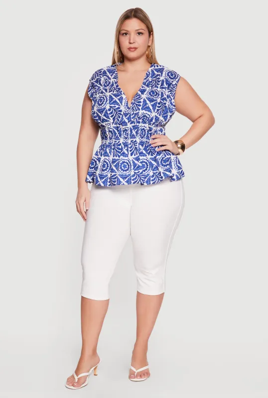 Plus Size Printed Cap Sleeve Peplum Blouse made by Rainbow