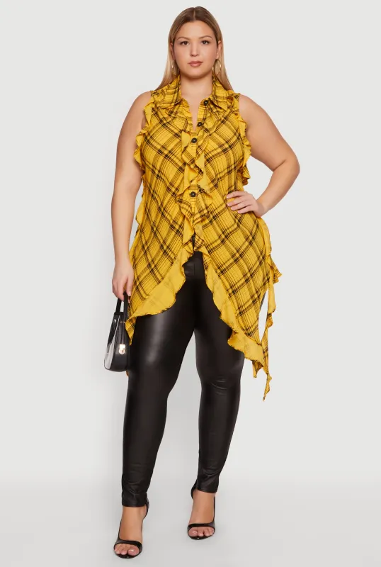 Plus Size Plaid Ruffle Trim Button Front Blouse made by Rainbow