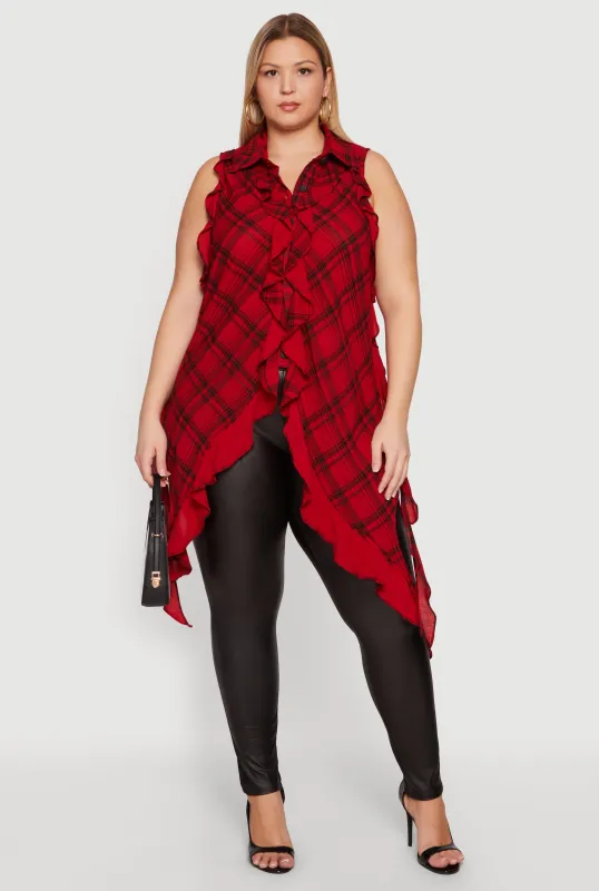 Plus Size Plaid Ruffle Trim Button Front Blouse made by Rainbow