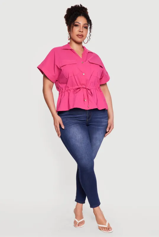 Plus Size Drawstring Waist Button Front Shirt made by Rainbow