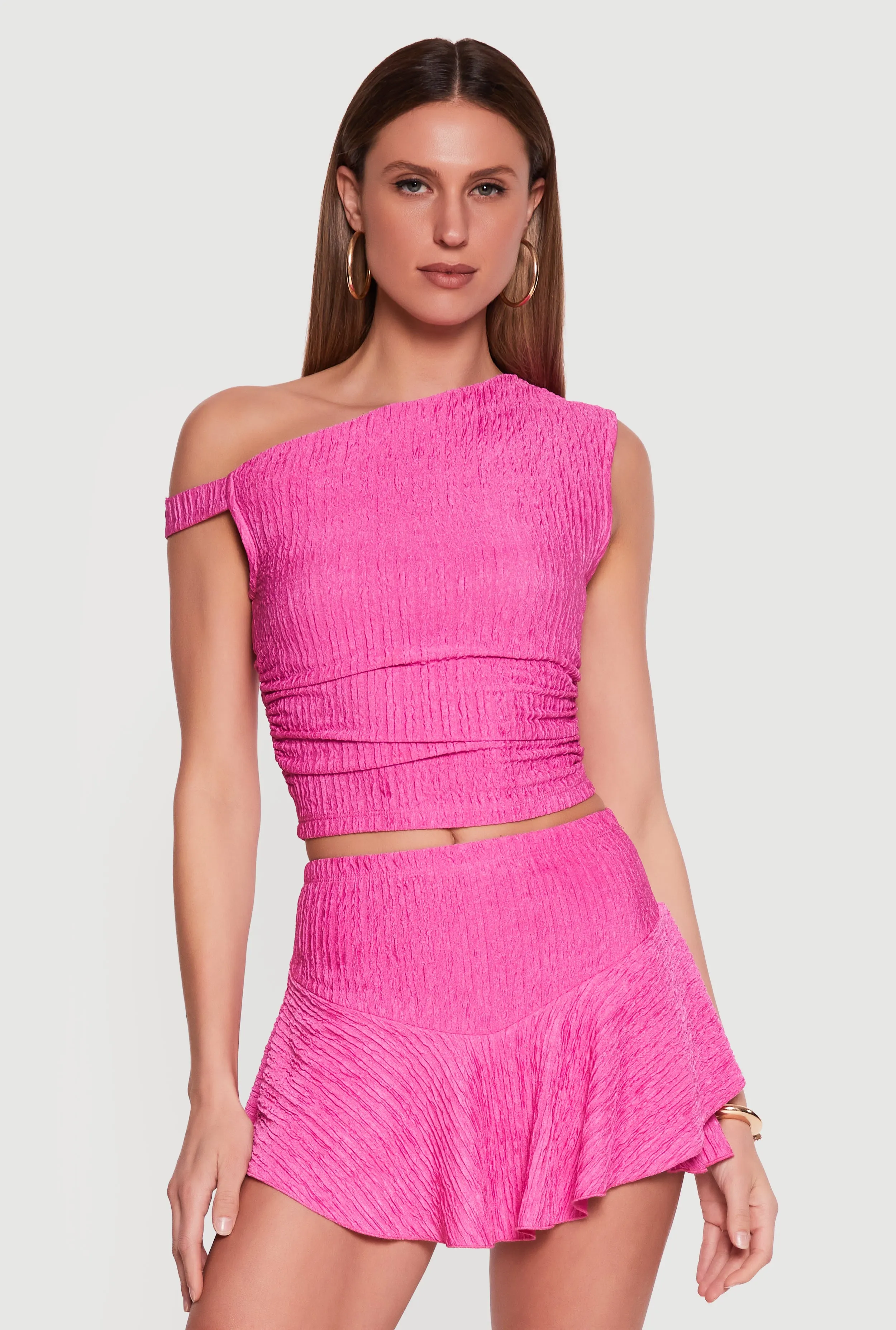 One Shoulder Side Ruched Textured Knit Crop Top sold by Rainbow