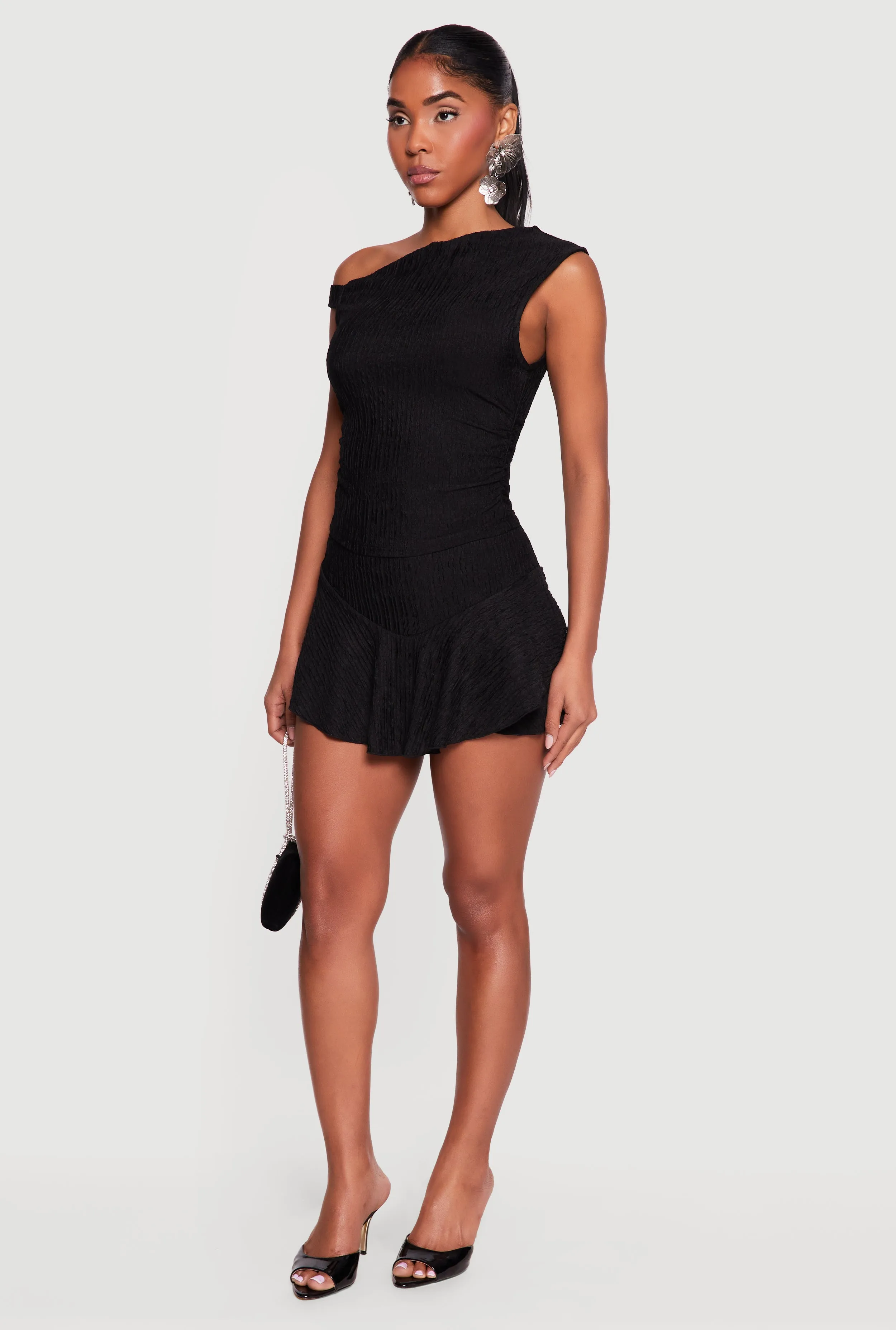 One Shoulder Side Ruched Textured Knit Crop Top sold by Rainbow product image thumbnail 3