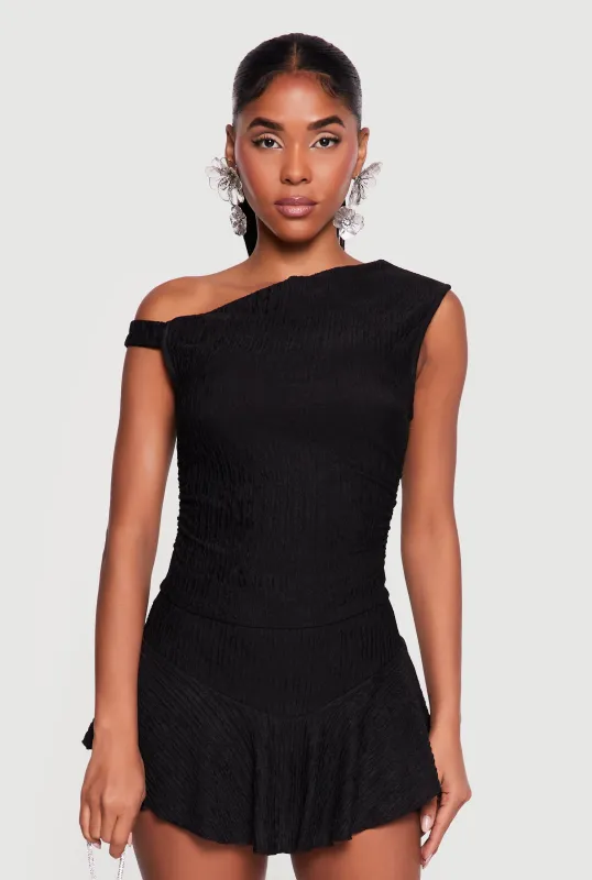 One Shoulder Side Ruched Textured Knit Crop Top made by iris