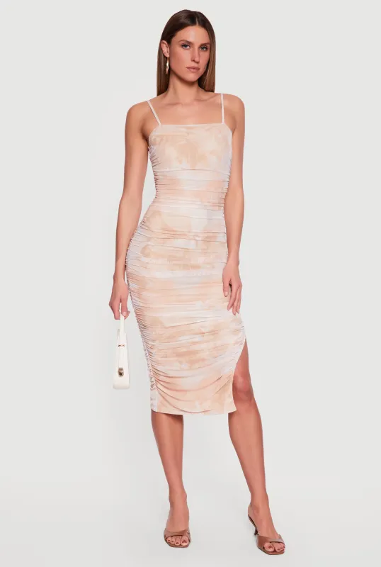 Mesh Overlay Side Ruched Side Slit Midi Dress made by iris
