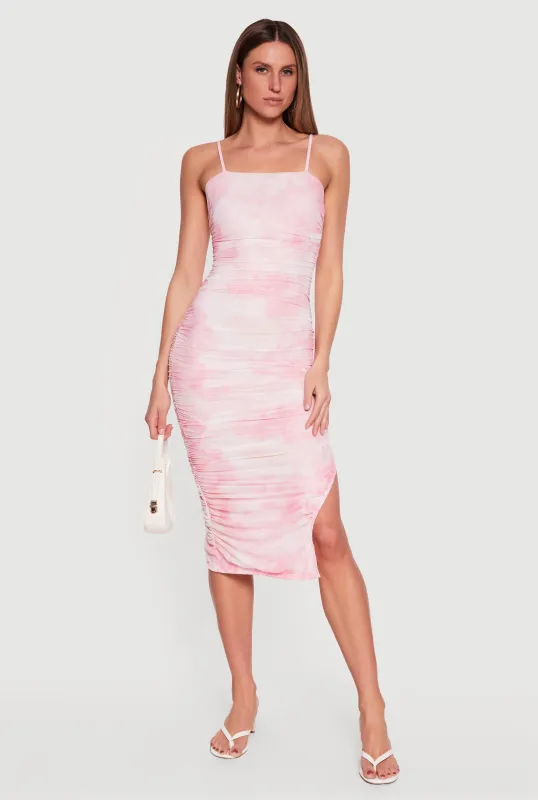Mesh Overlay Side Ruched Side Slit Midi Dress made by iris