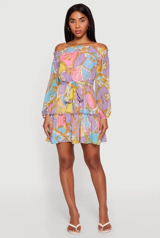 Chain Print Off The Shoulder Tie Waist Belted Dress made by Rainbow
