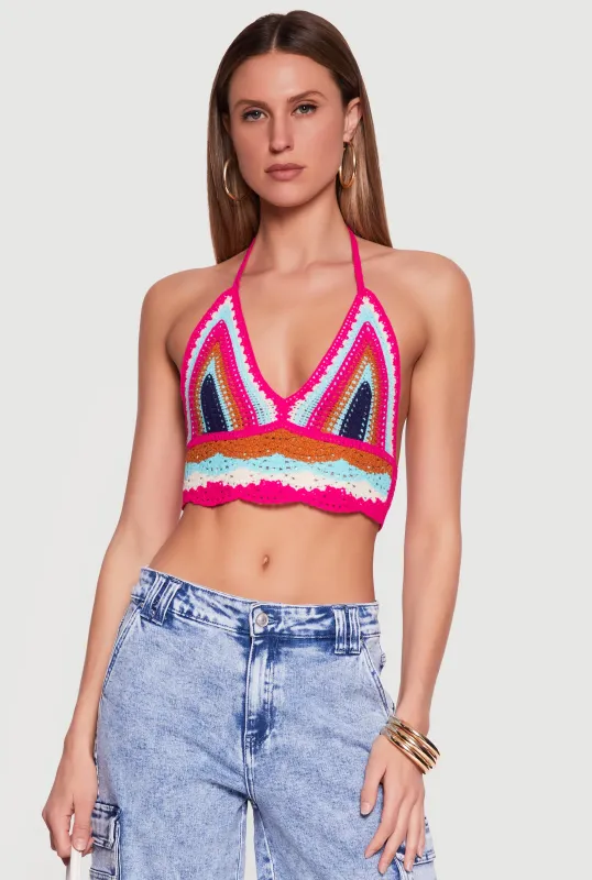 Scalloped Hem Crochet Halter Crop Top made by Rainbow