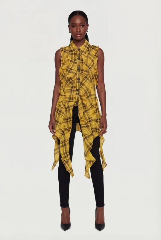 Plaid Ruffle Sleeveless Button Front Top made by Rainbow