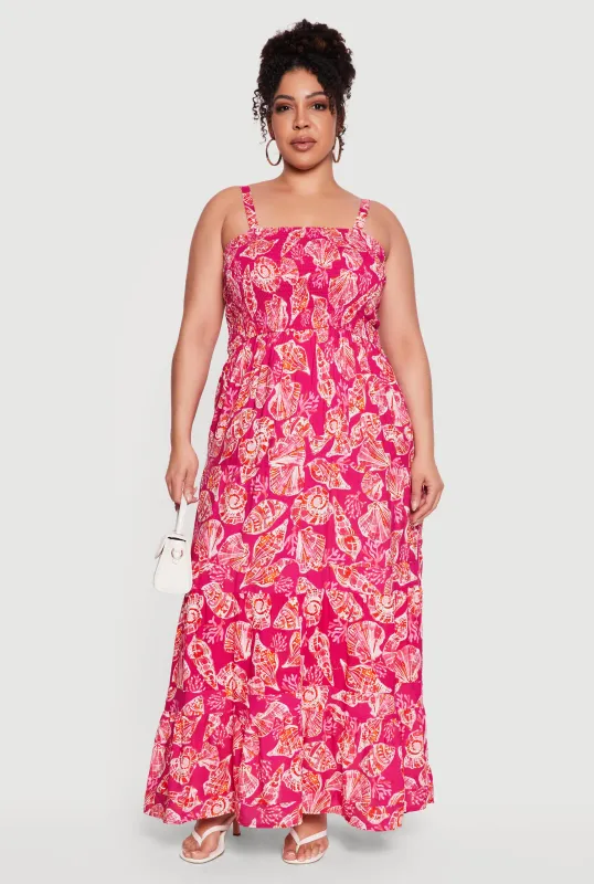 Plus Size Seashell Print Tiered Maxi Dress made by Rainbow
