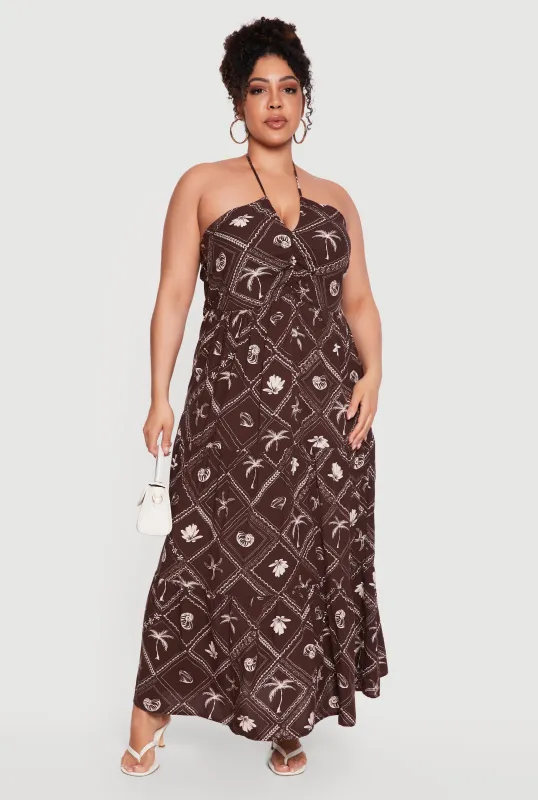 Plus Size Patterned Tiered Halter Maxi Dress made by Rainbow