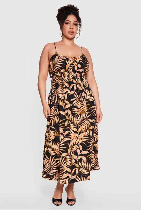 Plus Size Leaf Print Smocked Cami Maxi Dress made by Rainbow
