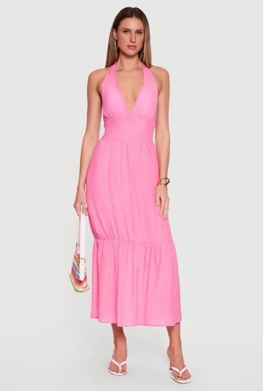 Plunge Tie Back Halter Neck Tiered Maxi Dress made by Rainbow