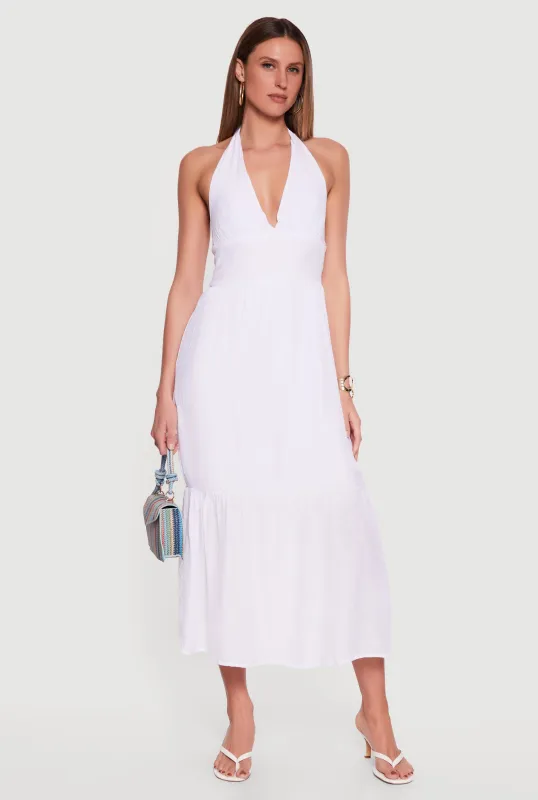 Plunge Tie Back Halter Neck Tiered Maxi Dress made by Rainbow