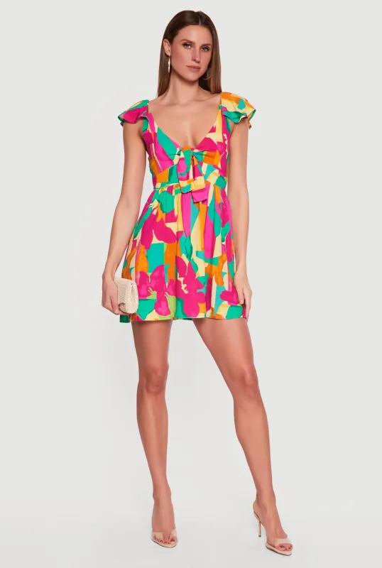 Tie Front Flutter Sleeve Mini Dress made by Rainbow