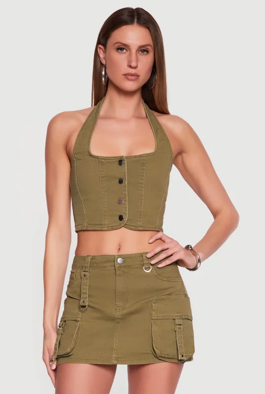 Denim Button Front Cropped Halter Blazer Vest made by Rainbow