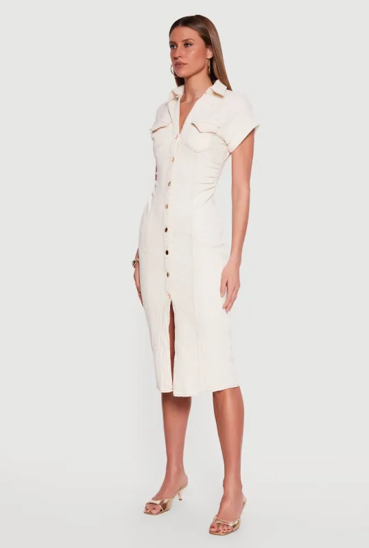 Denim Side Ruched Dolman Sleeve Shirt Dress made by Haute Monde