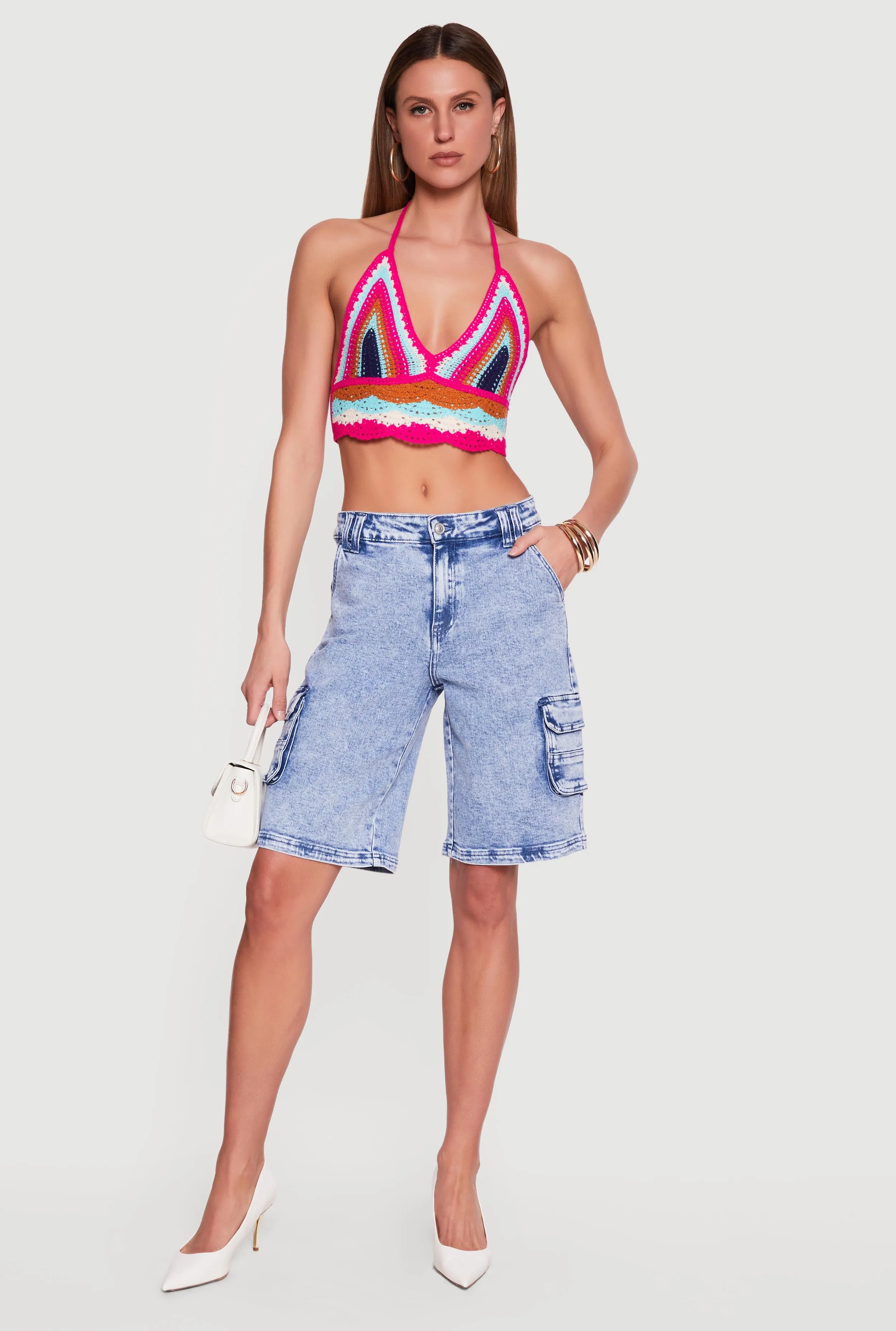 Acid Wash Cargo Pocket Denim Shorts sold by Rainbow