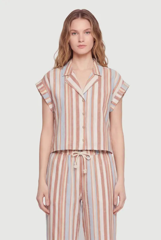 Striped Button Front Collared Dolman Sleeve Blouse made by Rainbow