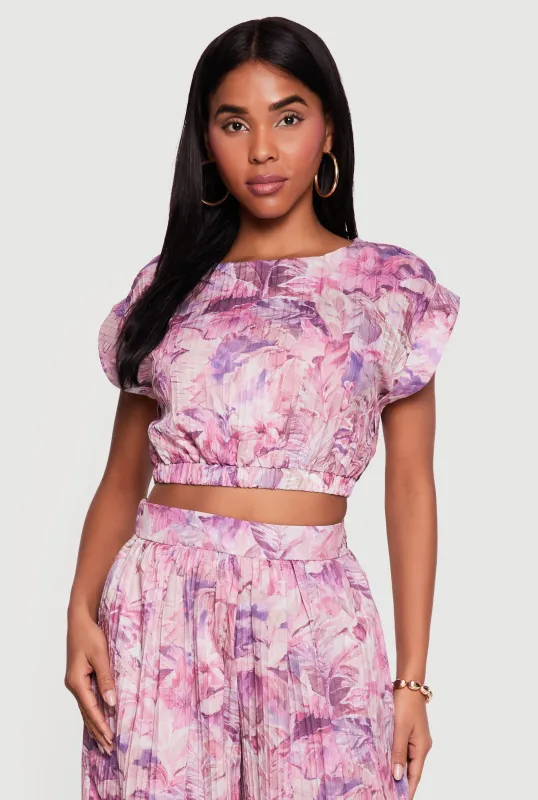 Tropical Leaf Print Cap Sleeve Crop Top made by Rainbow