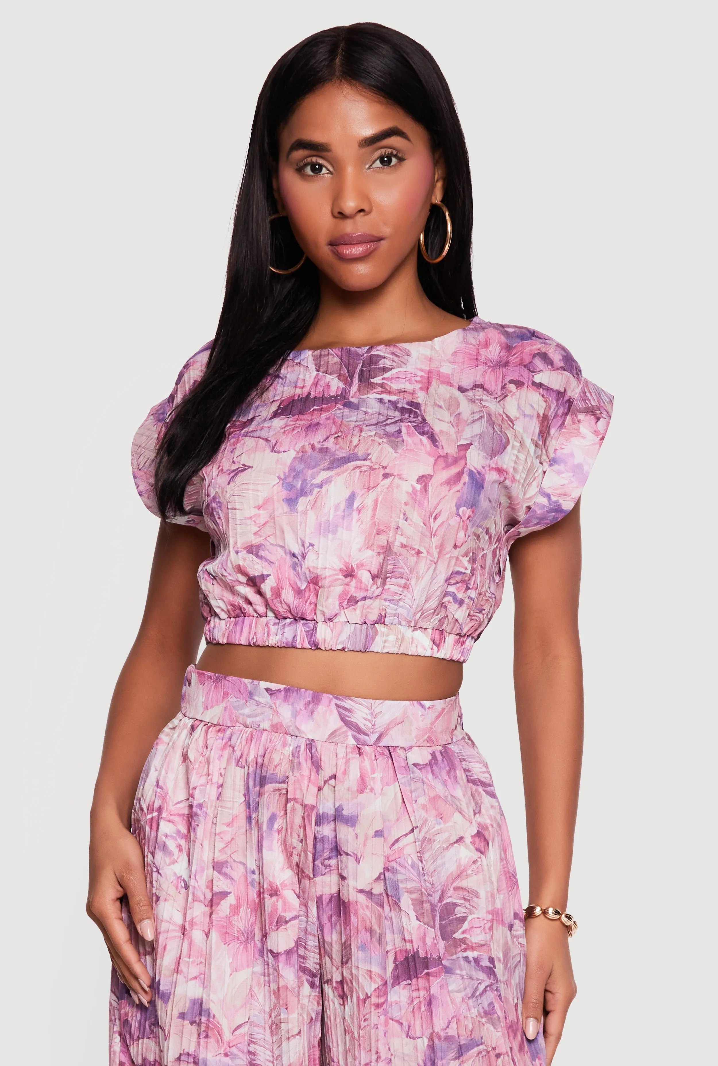 Tropical Leaf Print Cap Sleeve Crop Top sold by Rainbow