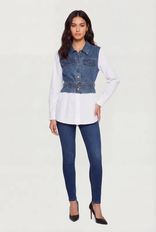 Denim and Poplin Long Sleeve Belted Shirt made by Rainbow