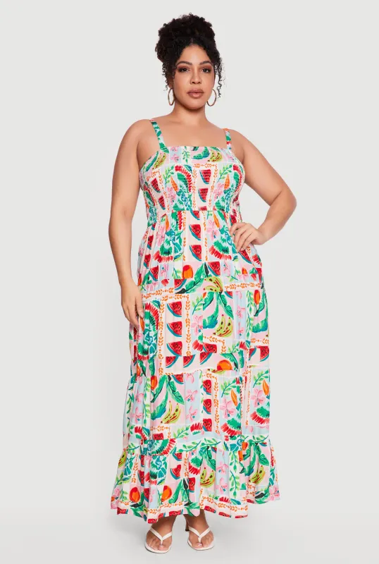 Plus Size Fruit Print Tiered Maxi Dress made by Rainbow