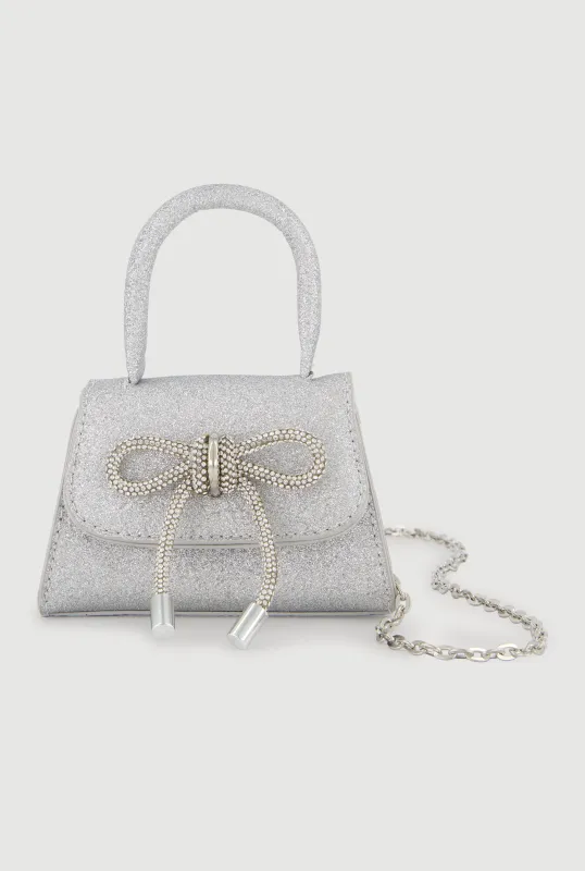 Rhinestone Bow Detail Glitter Crossbody Bag with Removable Chain Strap made by Rainbow