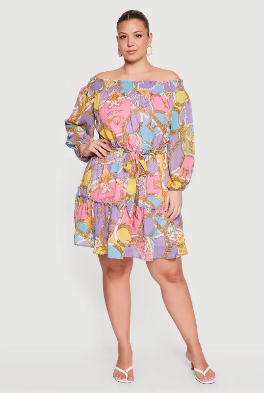 Plus Size Baroque Print Off The Shoulder Dress with Tie Waist Belt made by Rainbow