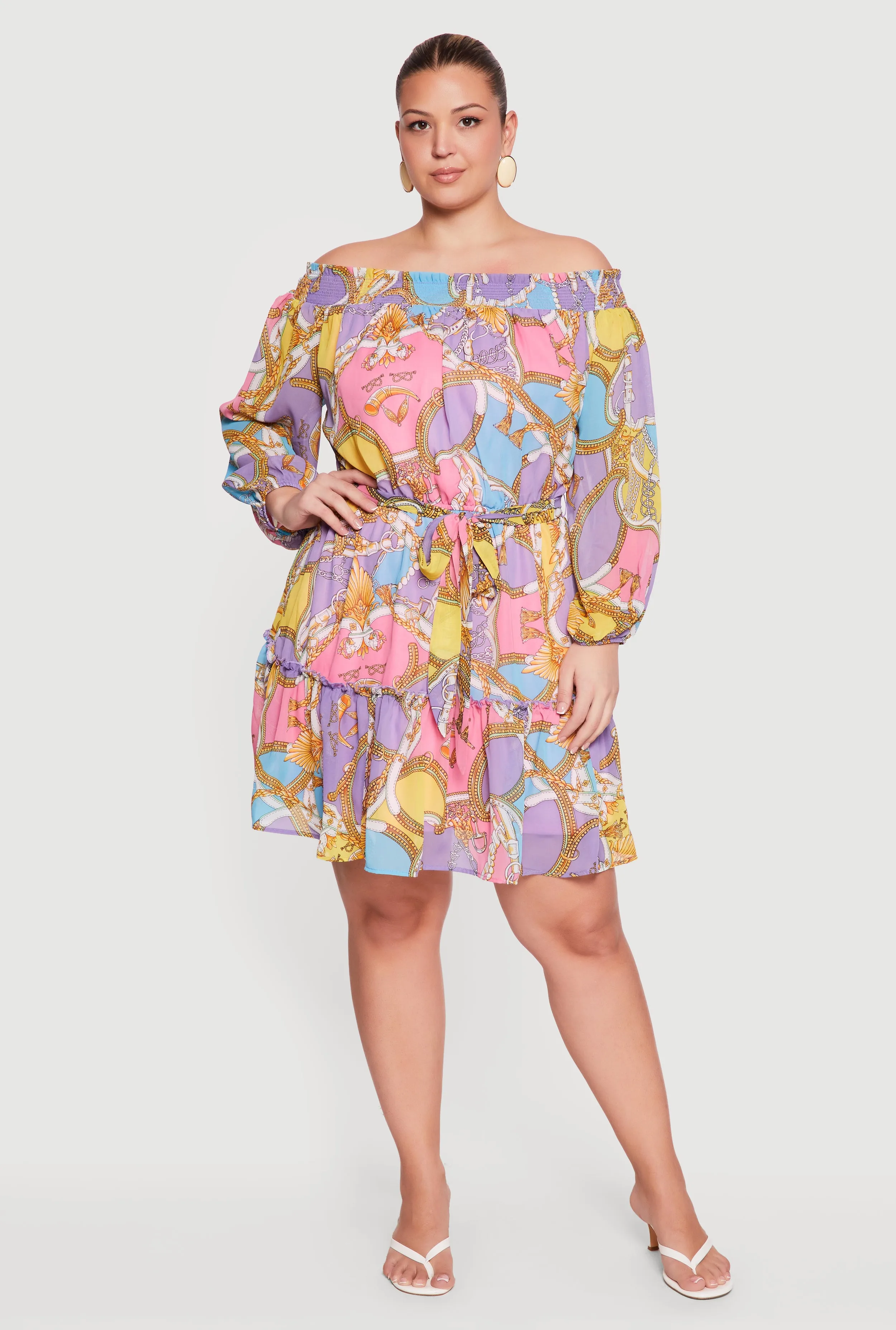 Plus Size Baroque Print Off The Shoulder Dress with Tie Waist Belt sold by Rainbow