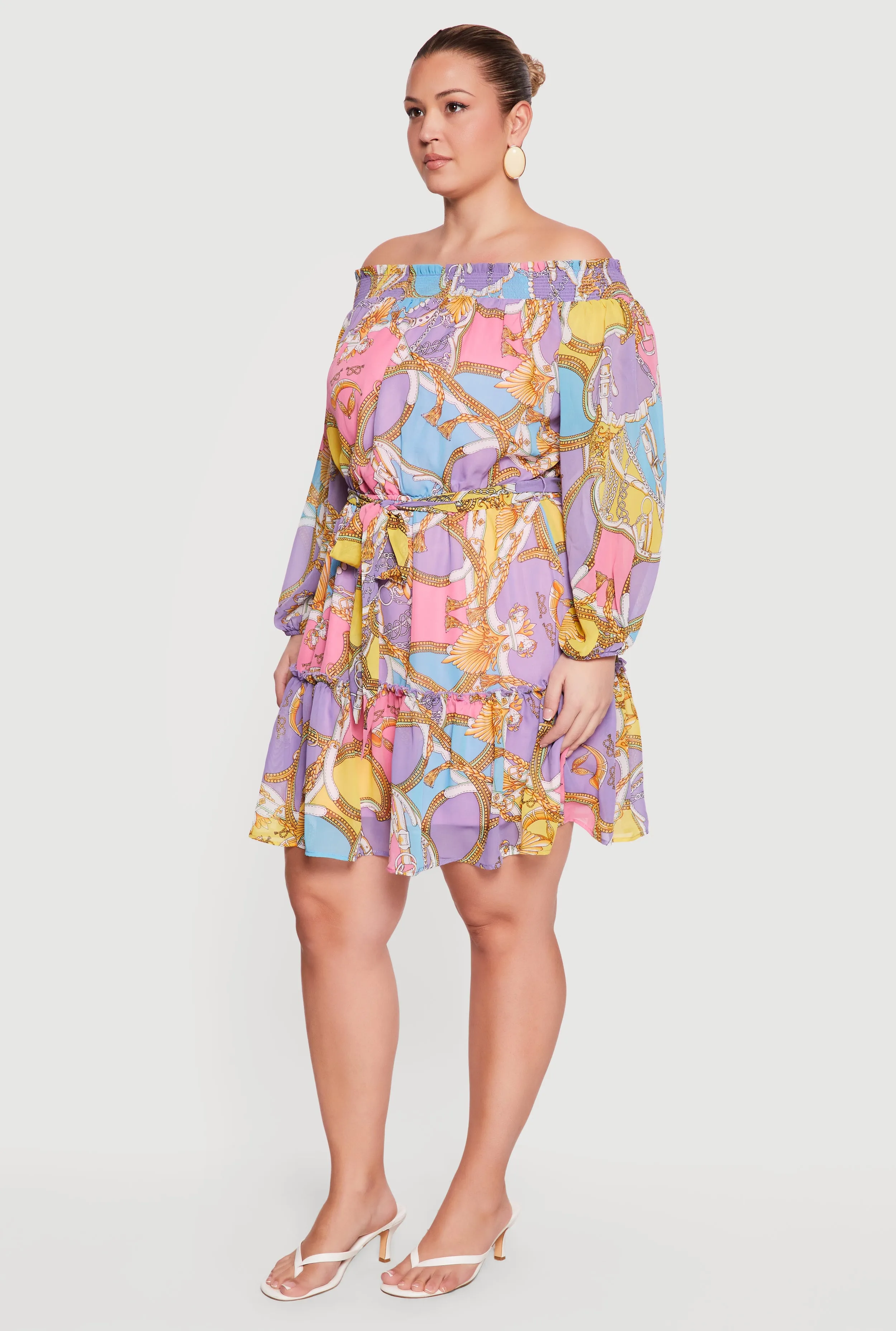 Plus Size Baroque Print Off The Shoulder Dress with Tie Waist Belt sold by Rainbow product image thumbnail 2