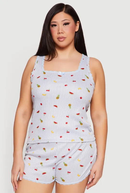 Plus Size Fruit Print Striped Pajama Top and Shorts made by Rainbow