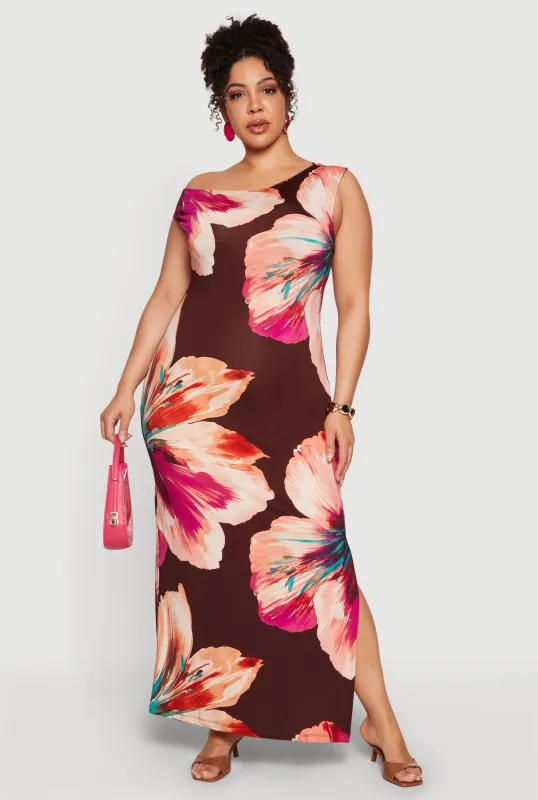 Plus Size Floral Sleeveless One Shoulder Maxi Dress made by Rainbow