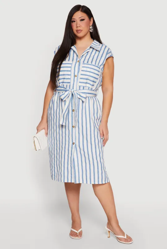 Plus Size Striped Tie Waist Belted Shirt Dress made by Rainbow