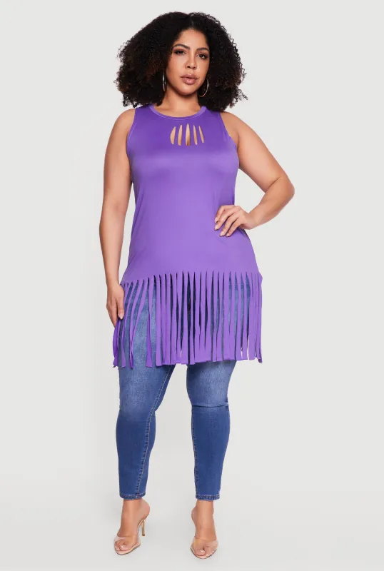 Plus Size Sleeveless Laser Cut Fringe Hem Tunic Top made by Rainbow
