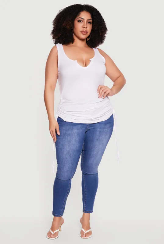 Plus Size Sleeveless Notch Neck Side Ruched Tee made by Rainbow
