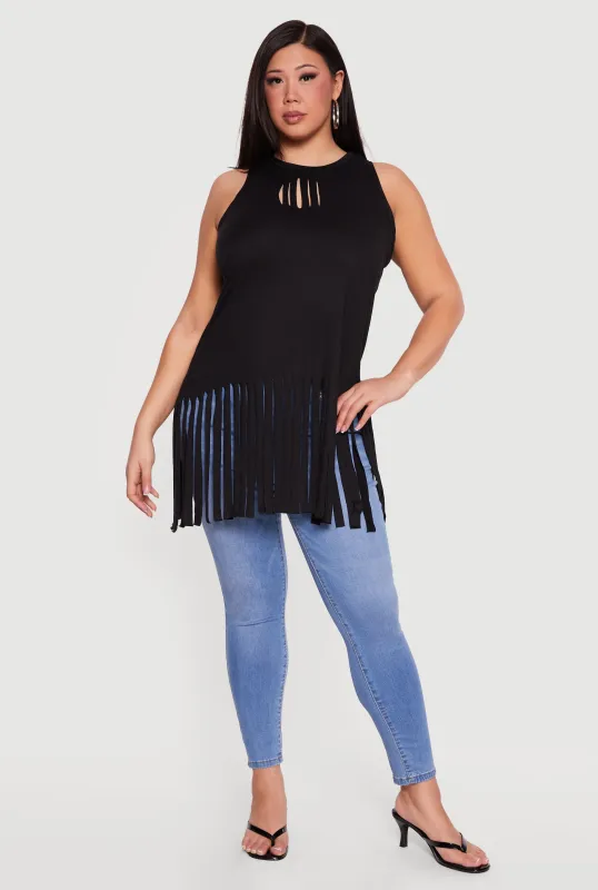 Plus Size Sleeveless Laser Cut Fringe Hem Tunic Top made by Rainbow