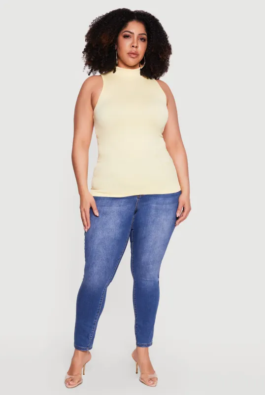 Plus Size Seamless Ribbed Knit Mock Neck Tank Top made by Rainbow