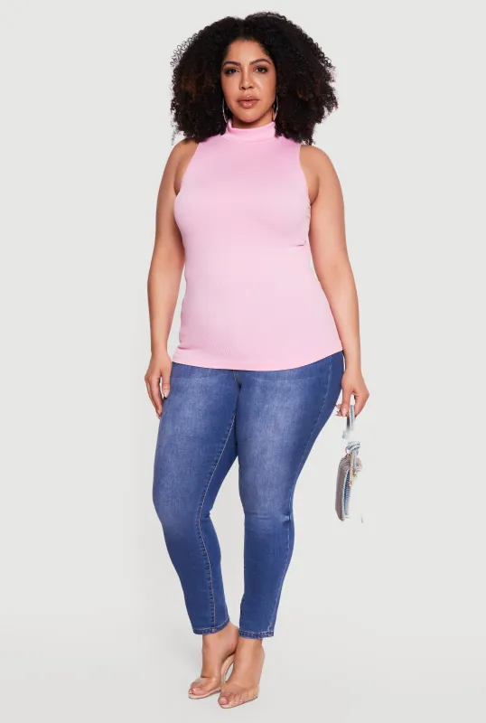 Plus Size Seamless Ribbed Knit Mock Neck Tank Top made by Rainbow