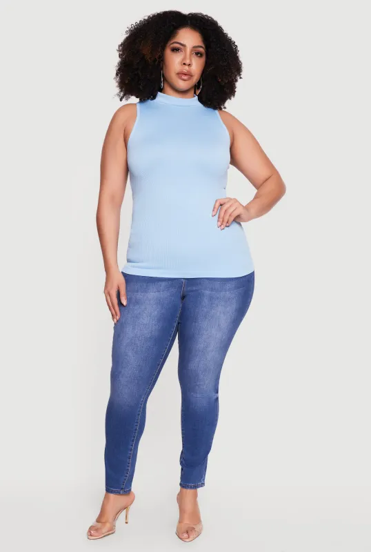 Plus Size Seamless Ribbed Knit Mock Neck Tank Top made by Rainbow