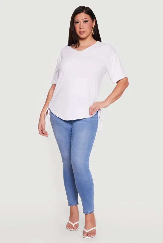Plus Size V Neck Drawstring Side Ruched Tee made by Rainbow