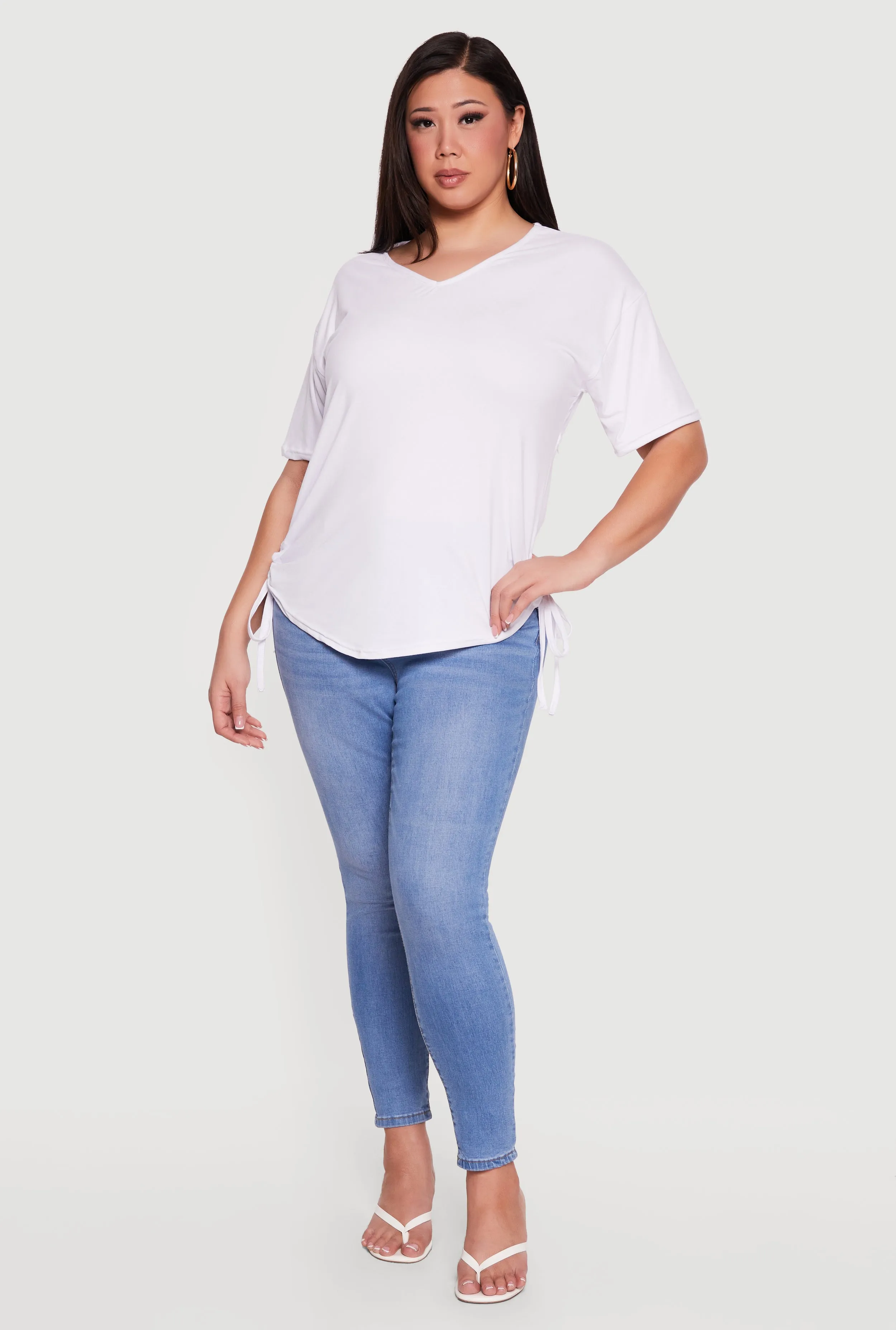 Plus Size V Neck Drawstring Side Ruched Tee sold by Rainbow