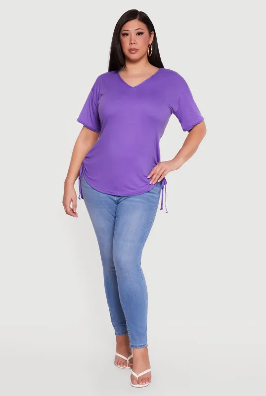 Plus Size V Neck Drawstring Side Ruched Tee made by Rainbow