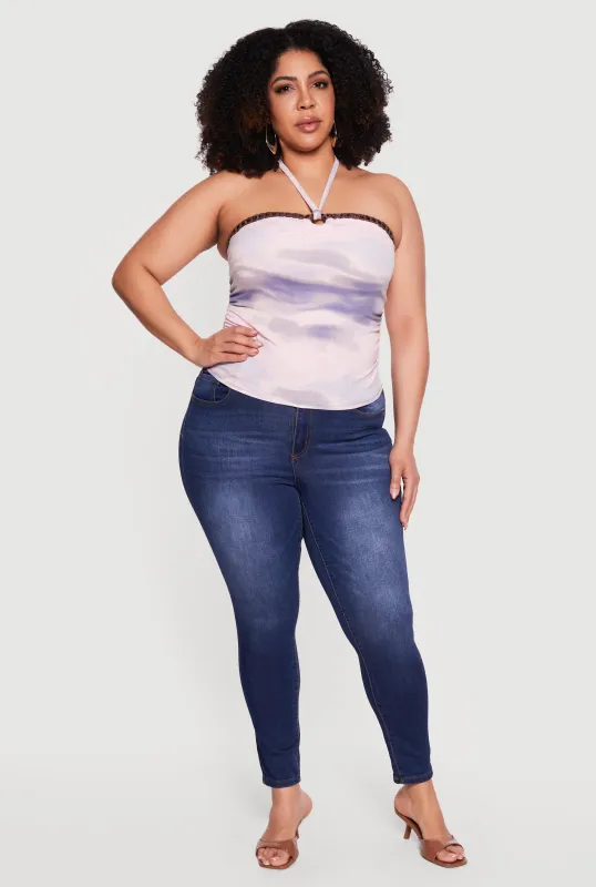 Plus Size Crochet Detail Side Ruched Halter Top made by Rainbow