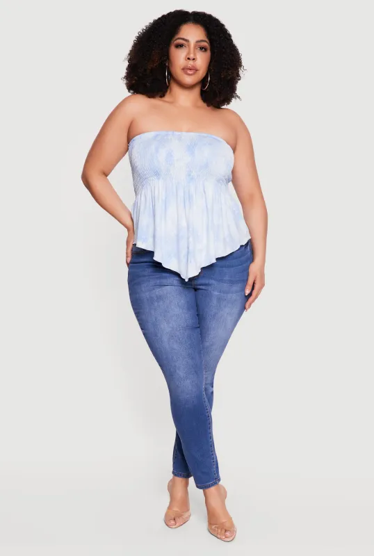 Plus Size Patterned Smocked Handkerchief Hem Blouse made by Rainbow