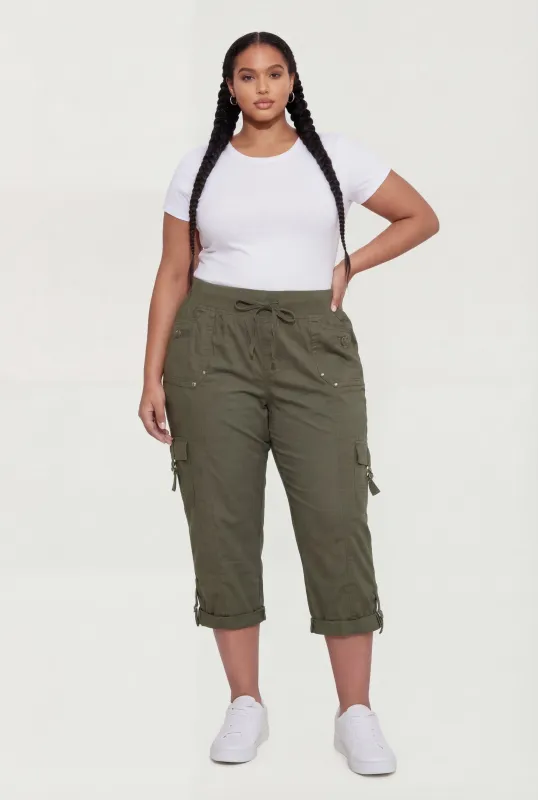 Plus Size High Waisted Cargo Capris with Rolled Cuffs made by Rainbow