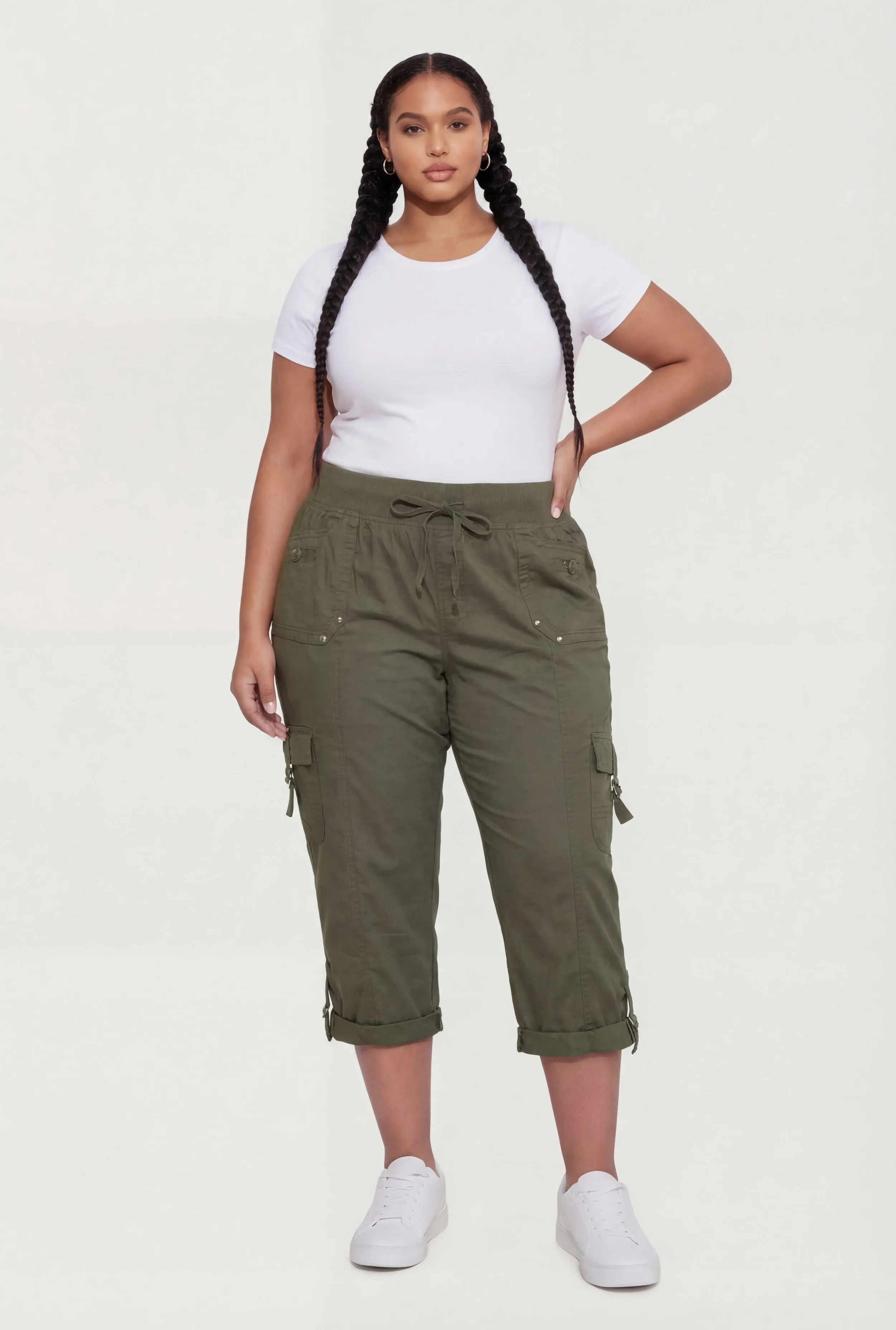 Plus Size High Waisted Cargo Capris with Rolled Cuffs sold by Rainbow